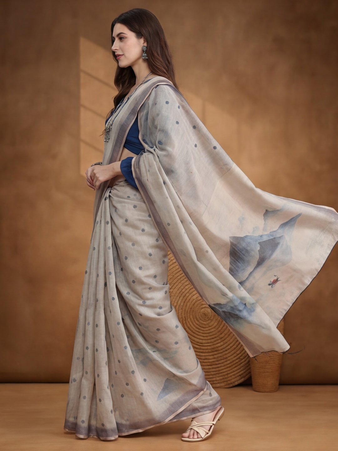 Polka Dots Linen Blend Saree with Unstiched Blouse