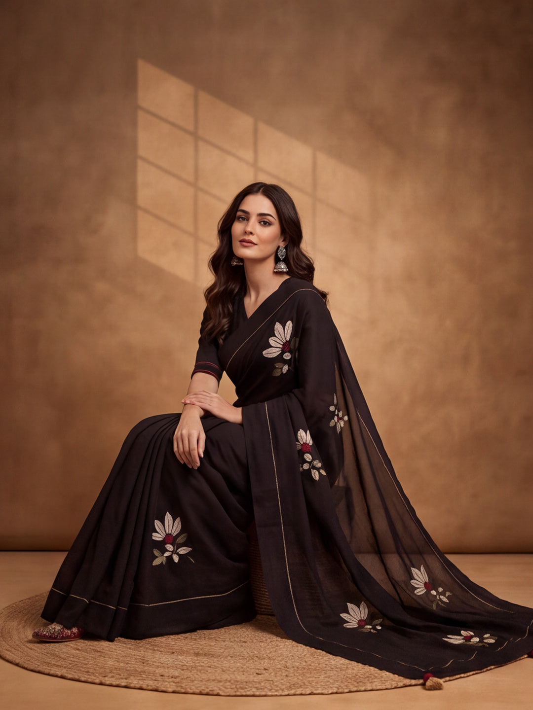 Digitally Printed Abstract & Floral Mul Cotton Saree with Contrast Blouse