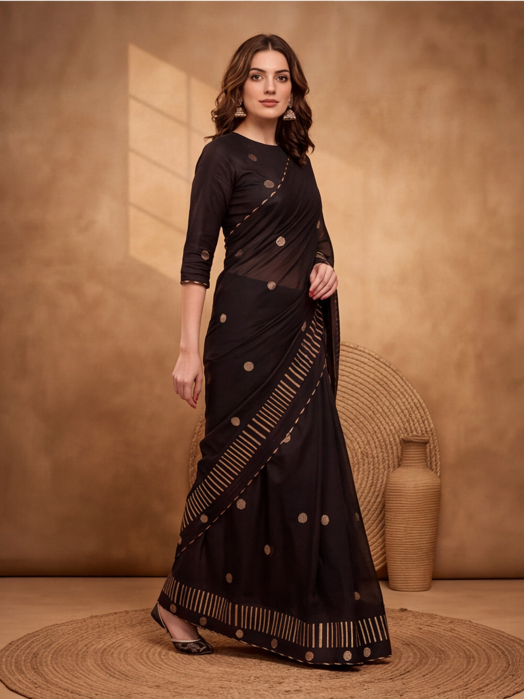 Digitally Printed Abstract & Floral Mul Cotton Saree with Contrast Blouse