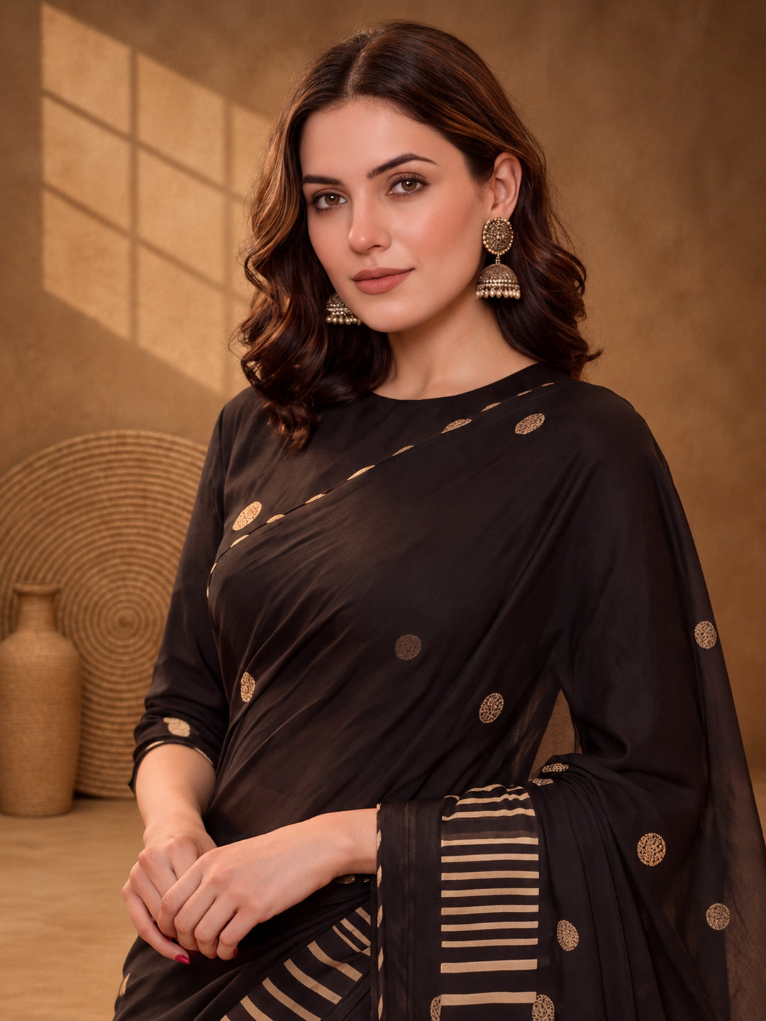 Digitally Printed Abstract & Floral Mul Cotton Saree with Contrast Blouse