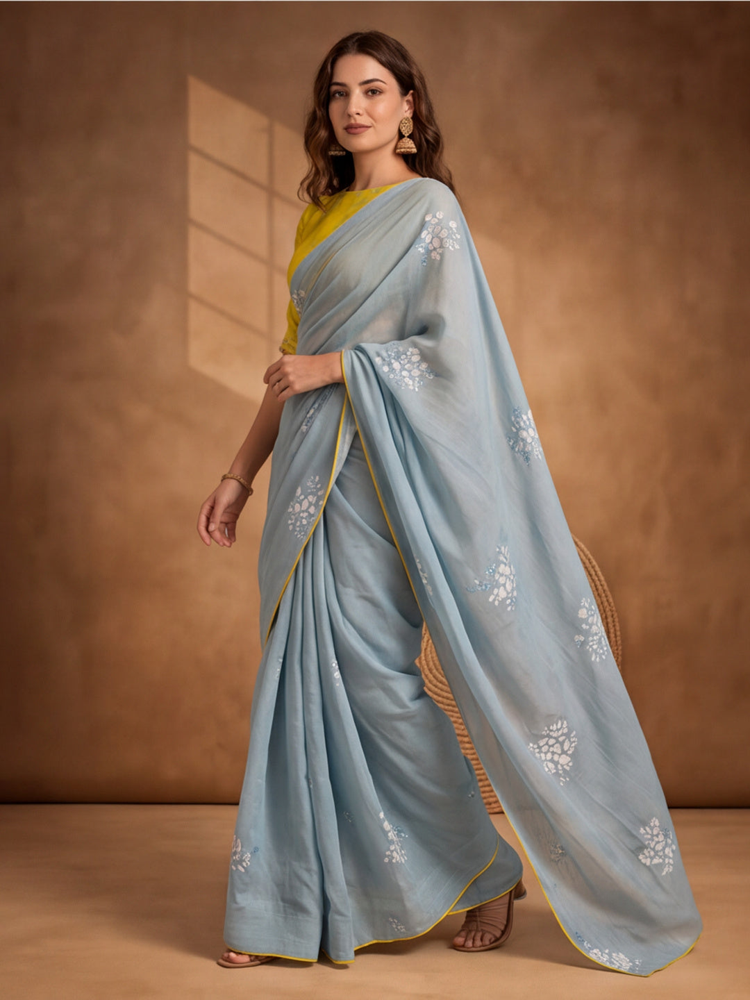 Digitally Printed Abstract & Floral Mul Cotton Saree with Contrast Blouse