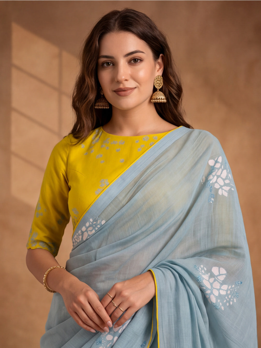 Digitally Printed Abstract & Floral Mul Cotton Saree with Contrast Blouse