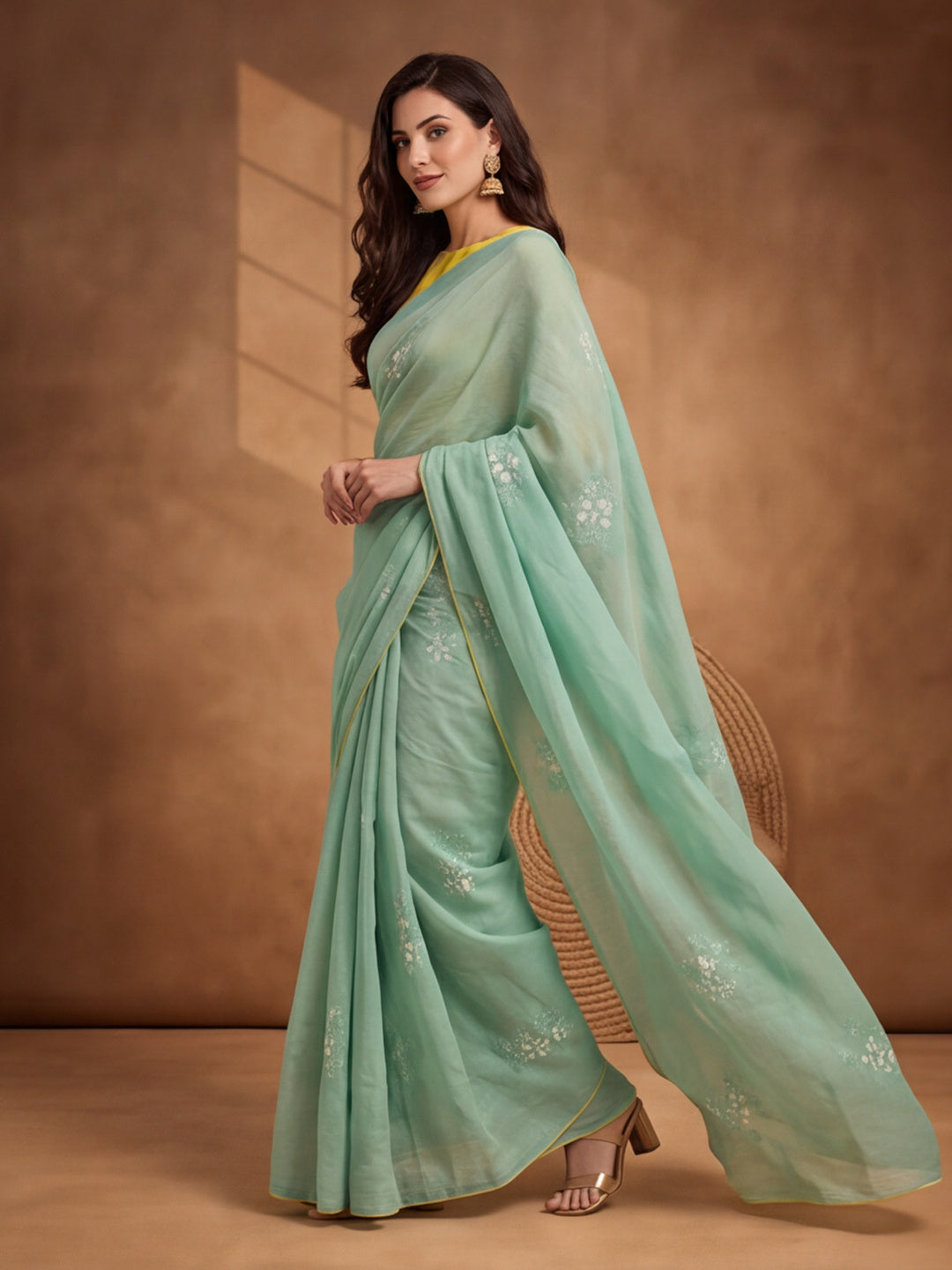 Digitally Printed Abstract & Floral Mul Cotton Saree with Contrast Blouse