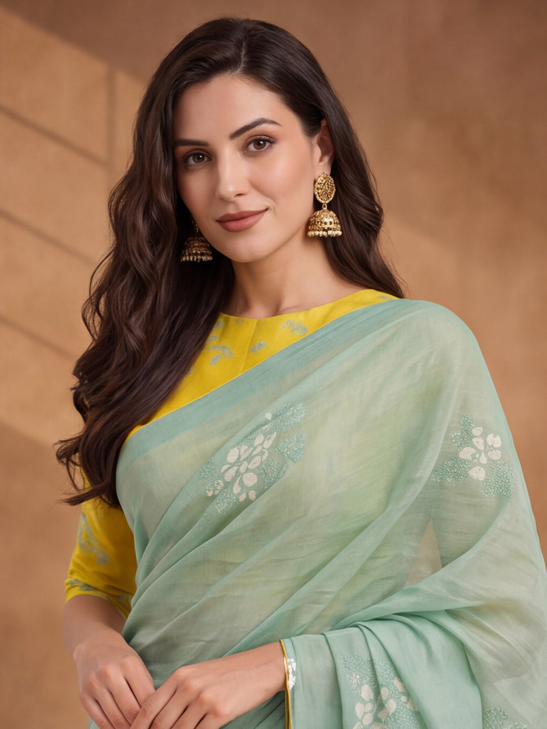 Digitally Printed Abstract & Floral Mul Cotton Saree with Contrast Blouse