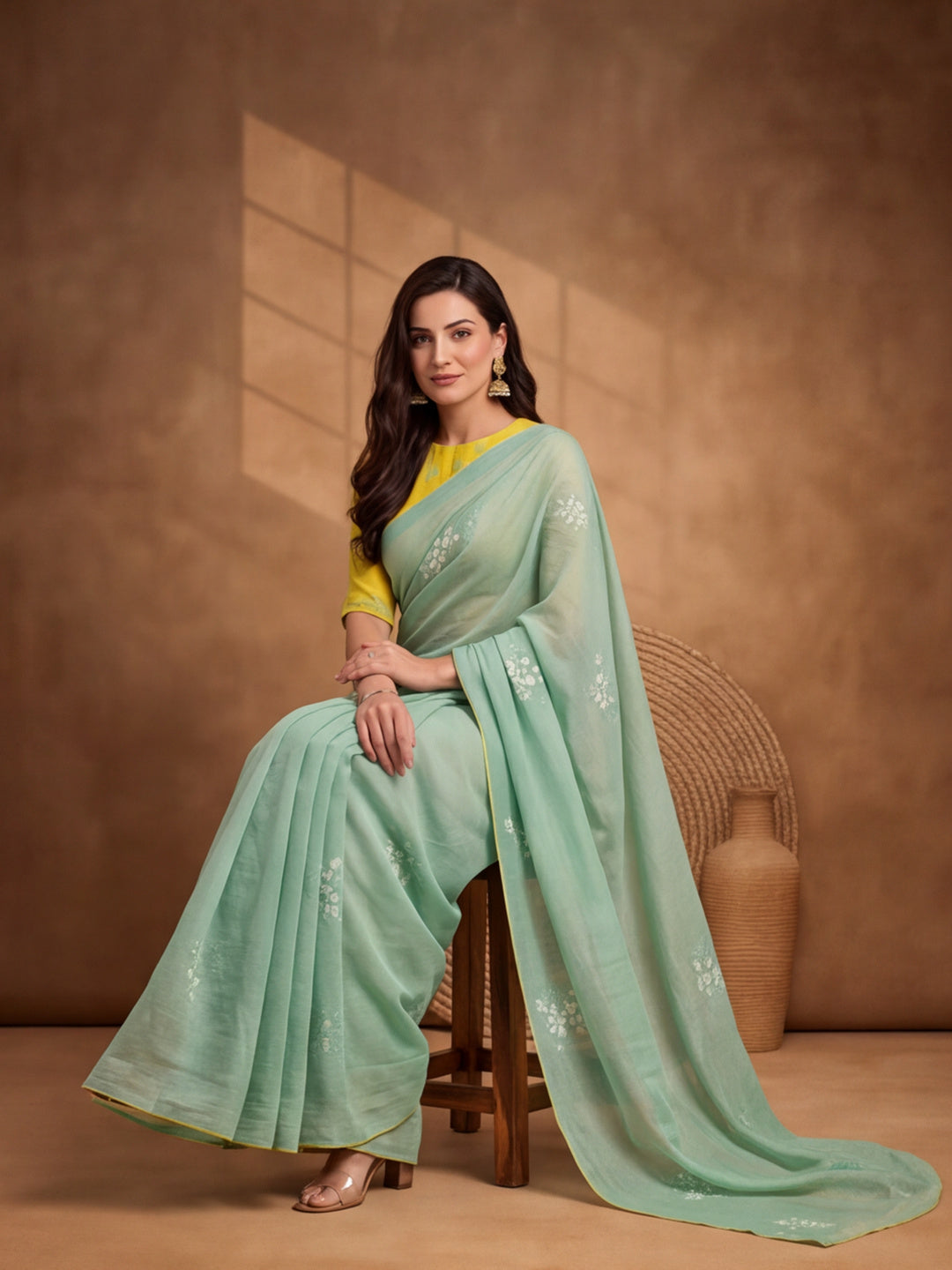 Digitally Printed Abstract & Floral Mul Cotton Saree with Contrast Blouse