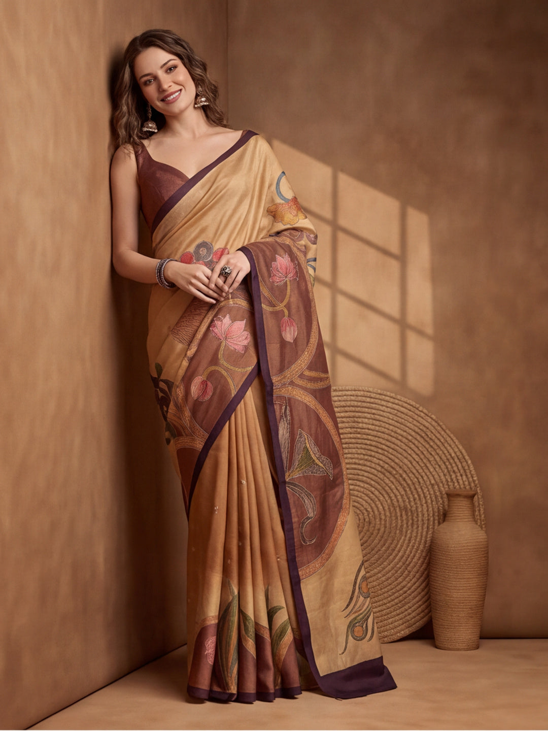 arthy Tone Digitally Printed Kantha-Look Cotton Saree with Contrast Border