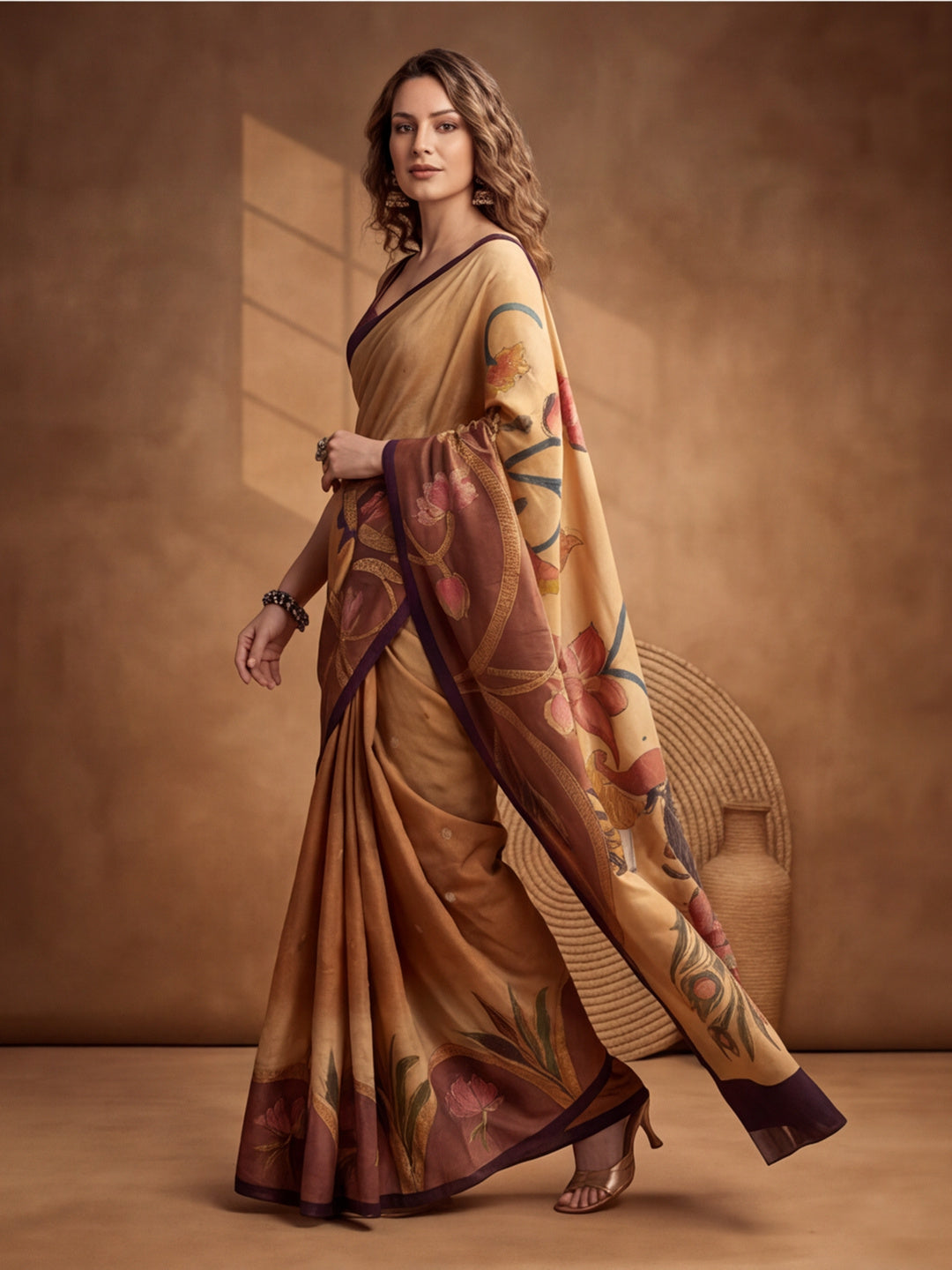 arthy Tone Digitally Printed Kantha-Look Cotton Saree with Contrast Border