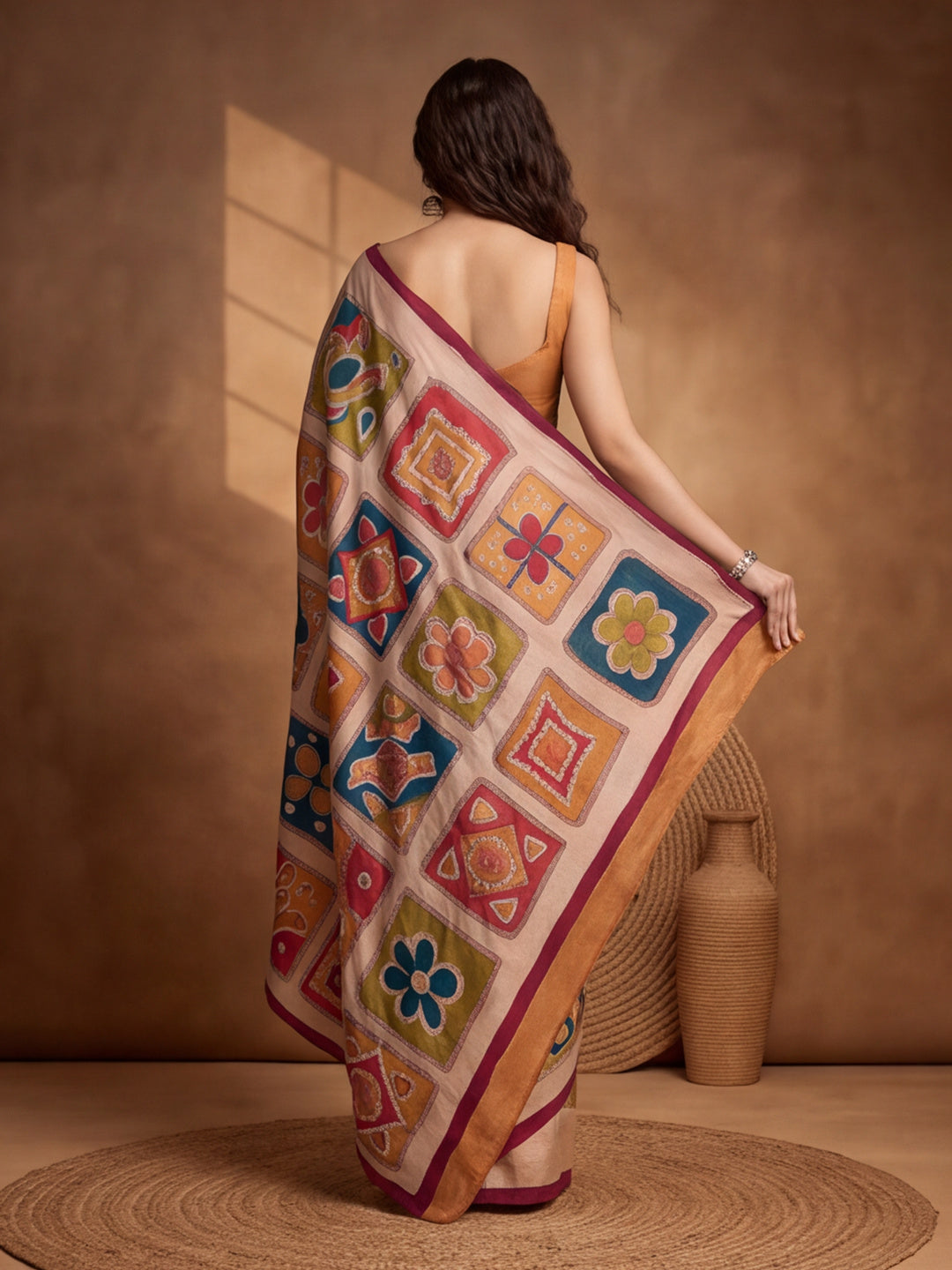 arthy Tone Digitally Printed Kantha-Look Cotton Saree with Contrast Border