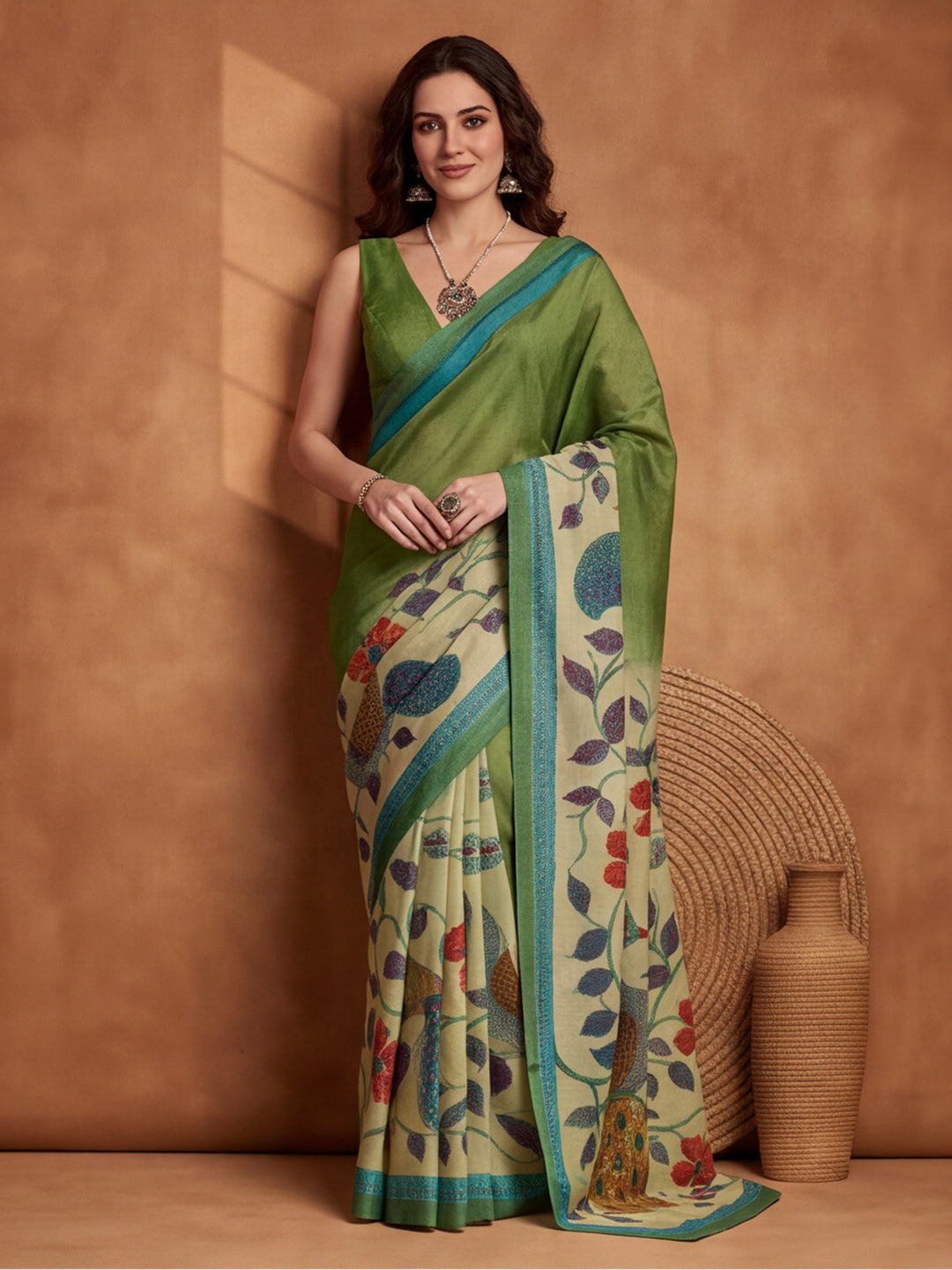arthy Tone Digitally Printed Kantha-Look Cotton Saree with Contrast Border