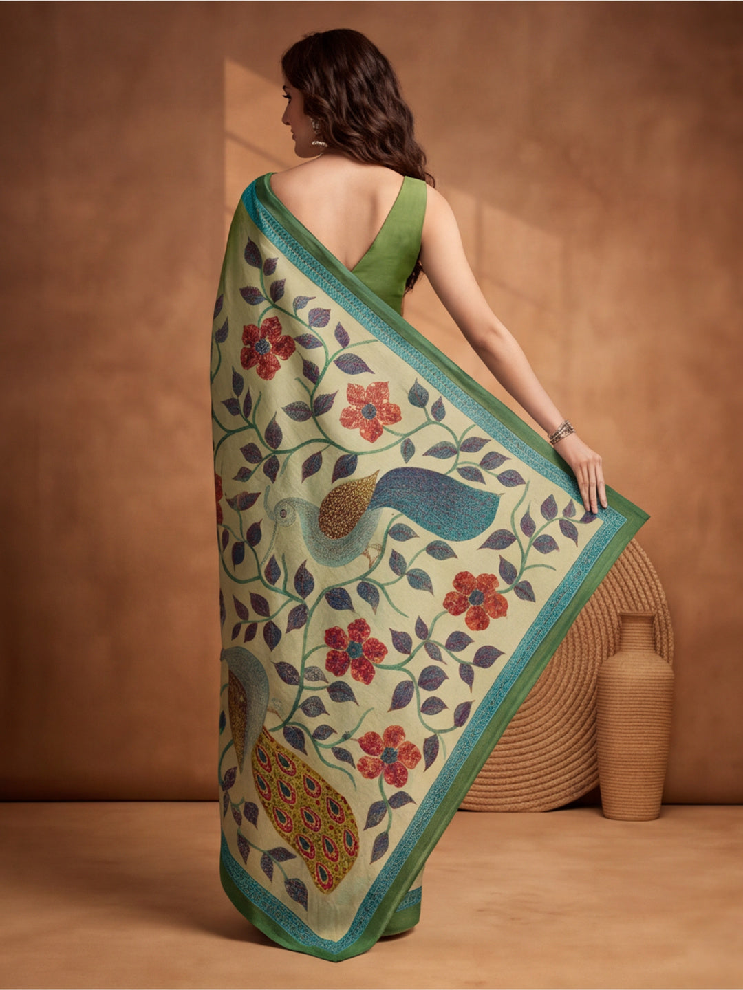 arthy Tone Digitally Printed Kantha-Look Cotton Saree with Contrast Border
