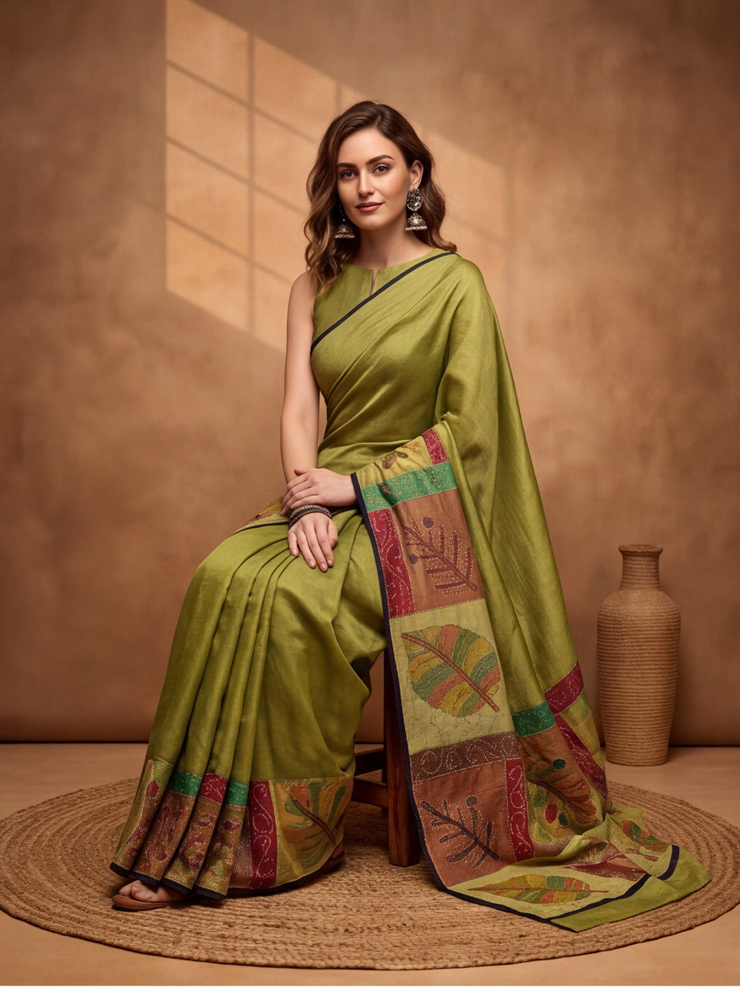 arthy Tone Digitally Printed Kantha-Look Cotton Saree with Contrast Border
