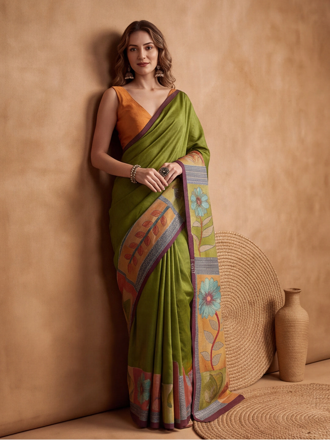 arthy Tone Digitally Printed Kantha-Look Cotton Saree with Contrast Border