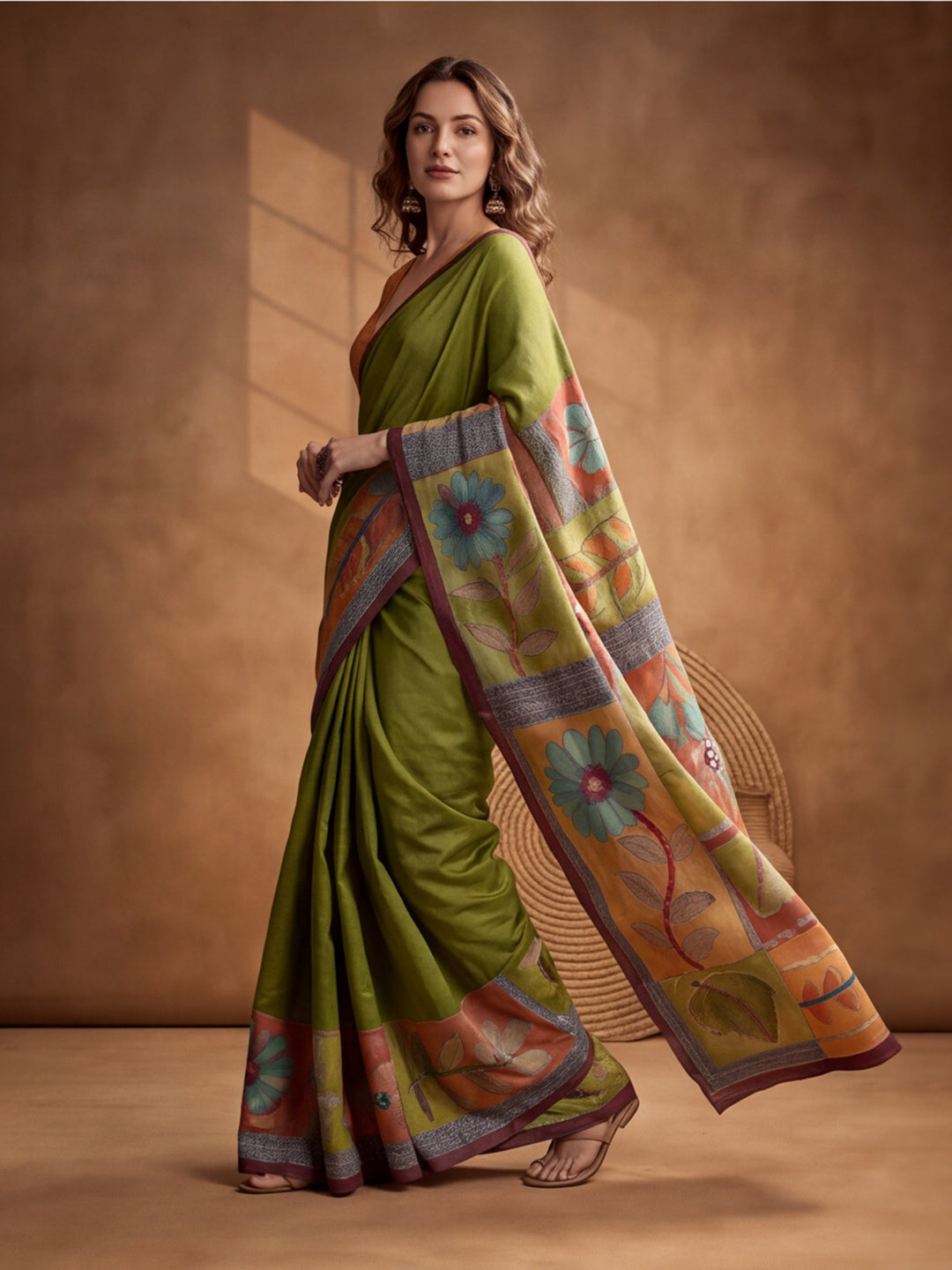 arthy Tone Digitally Printed Kantha-Look Cotton Saree with Contrast Border