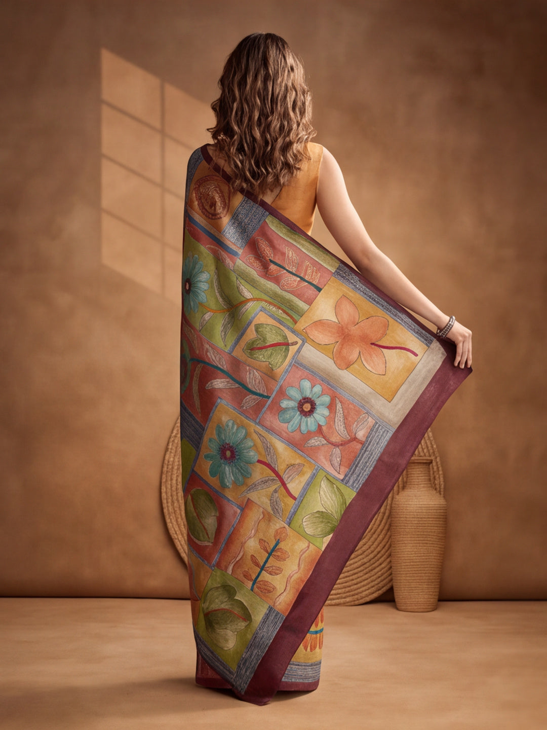 arthy Tone Digitally Printed Kantha-Look Cotton Saree with Contrast Border