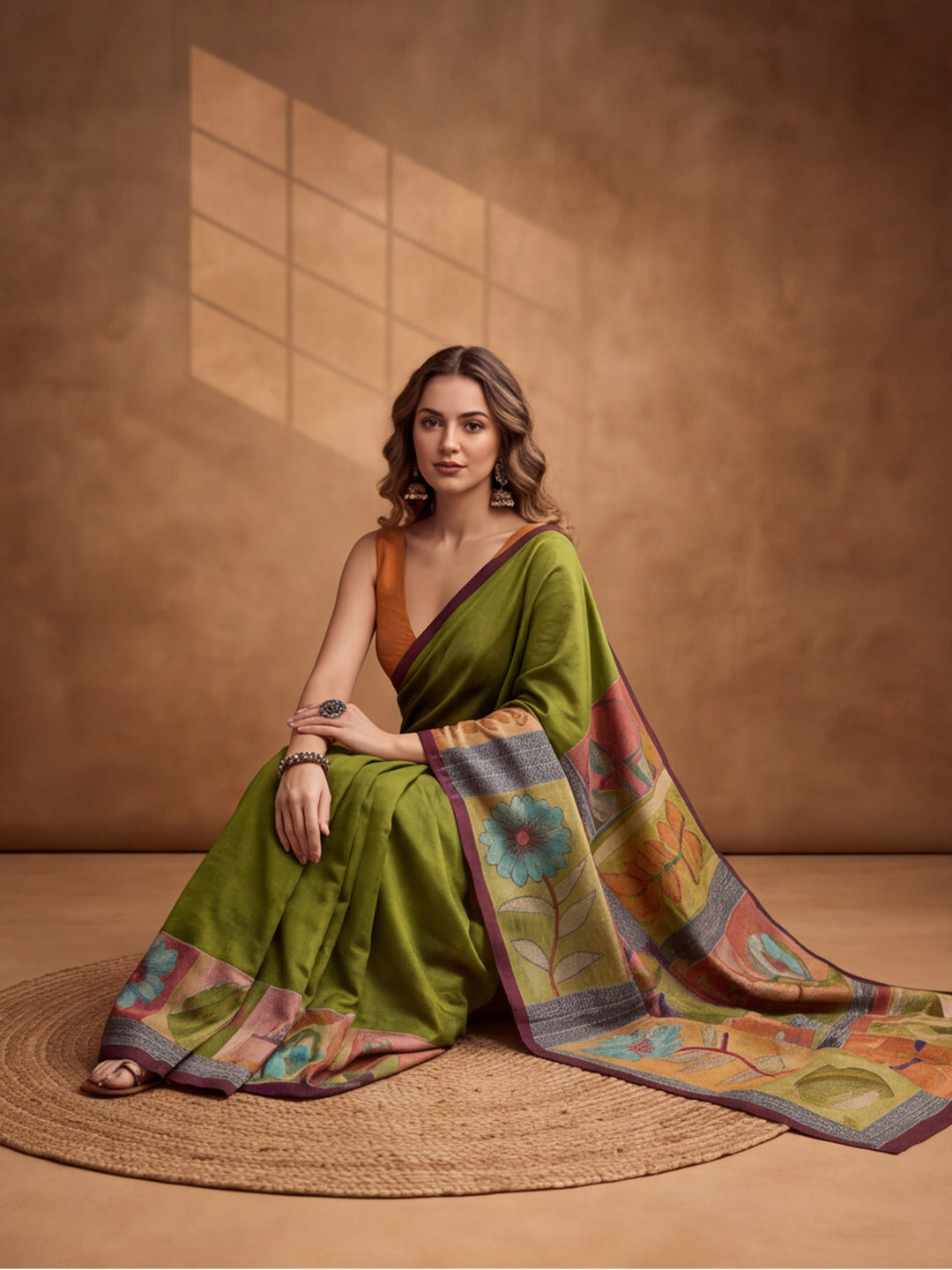 arthy Tone Digitally Printed Kantha-Look Cotton Saree with Contrast Border