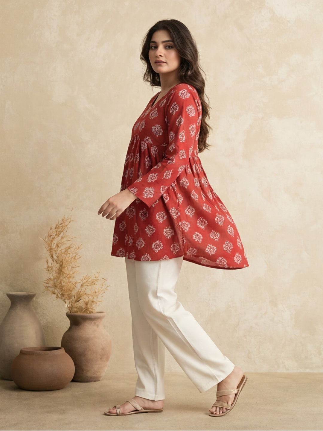 Women Printed V-Neck Fancy Tunic Top with Full Sleeves