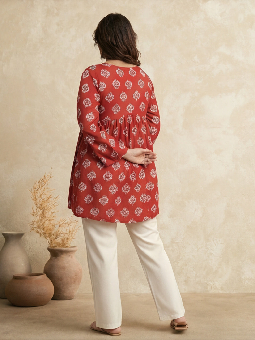 Women Printed V-Neck Fancy Tunic Top with Full Sleeves