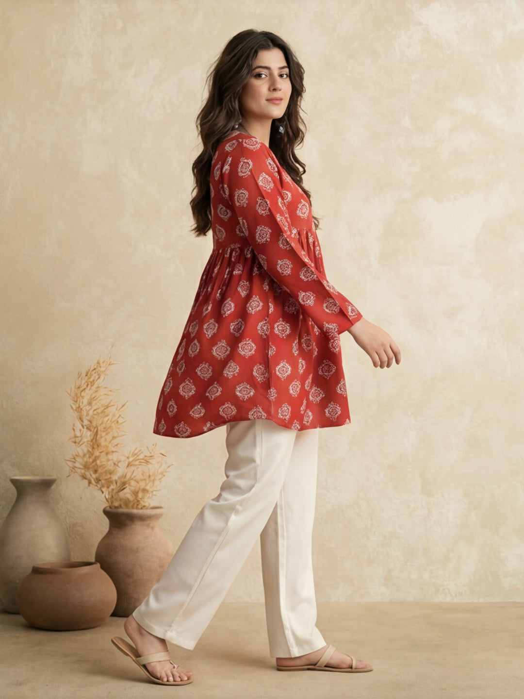 Women Printed V-Neck Fancy Tunic Top with Full Sleeves