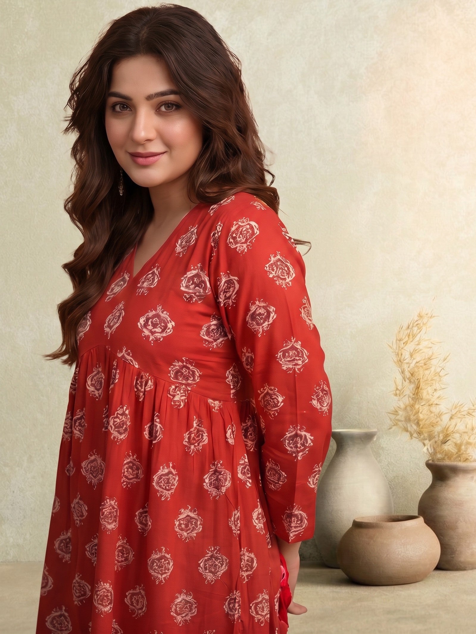 Women Printed V-Neck Fancy Tunic Top with Full Sleeves