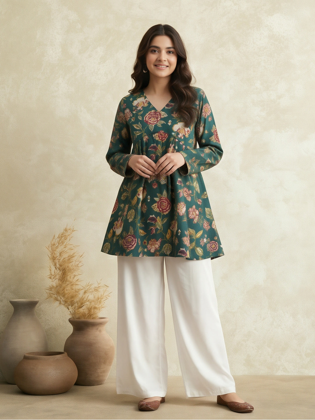 Women Printed V-Neck Fancy Tunic Top with Full Sleeves