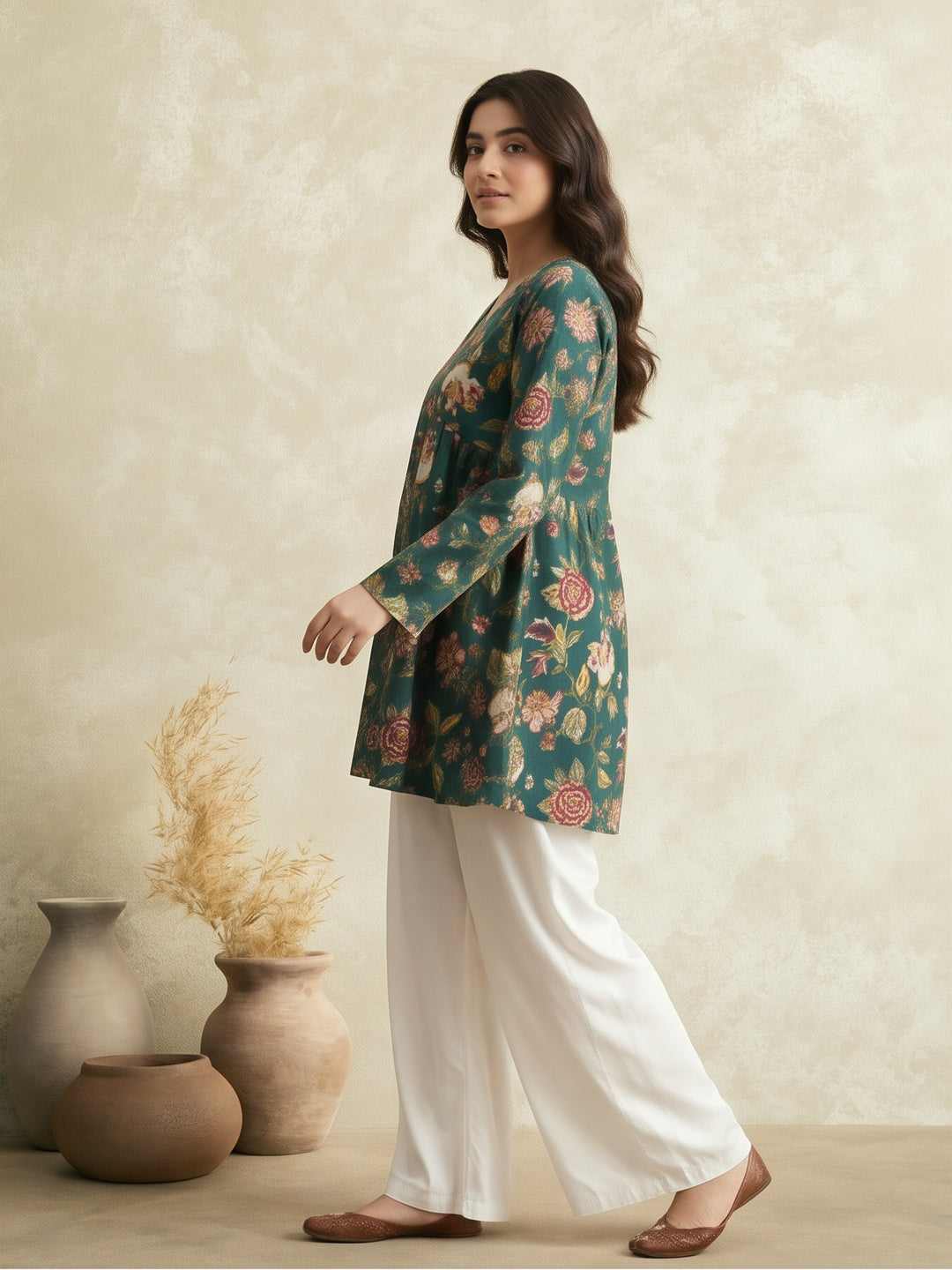 Women Printed V-Neck Fancy Tunic Top with Full Sleeves