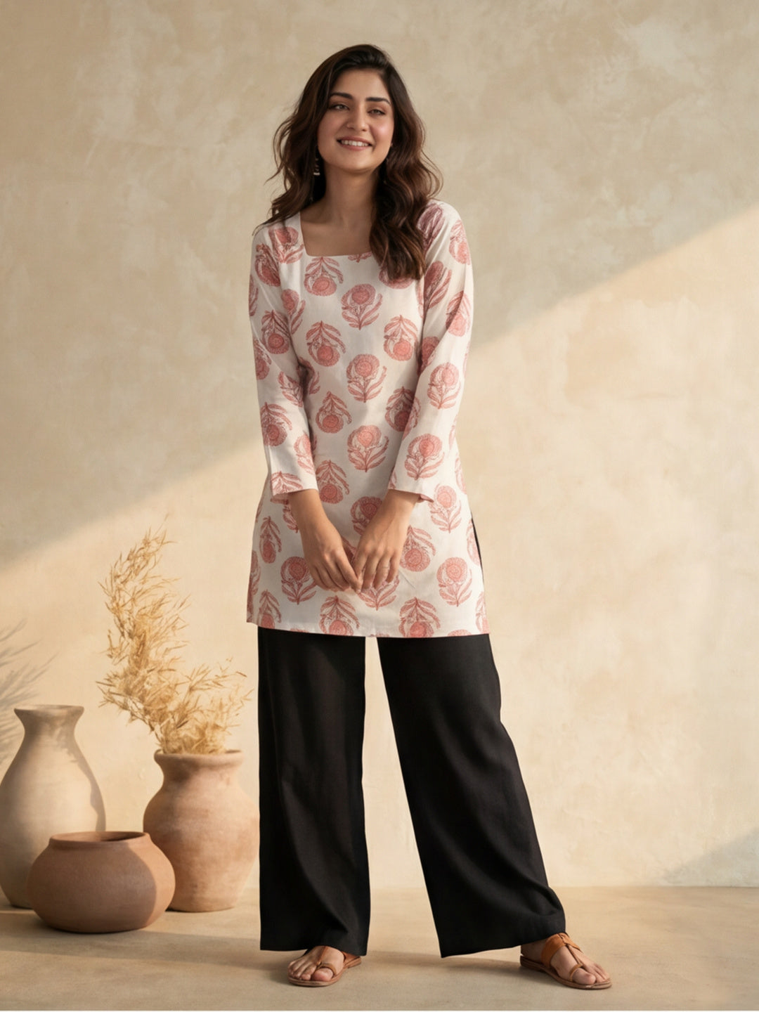 Women Printed Square Neck Fancy Tunic Top with Full Sleeves