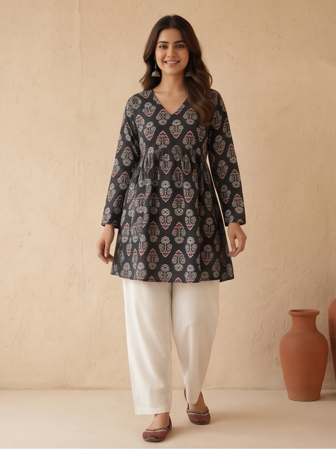 Women Printed V-Neck Fancy Tunic Top with Full Sleeves