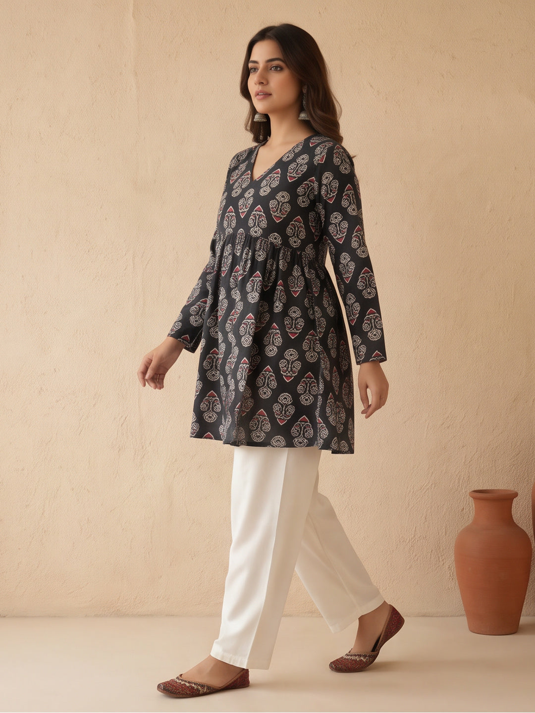 Women Printed V-Neck Fancy Tunic Top with Full Sleeves