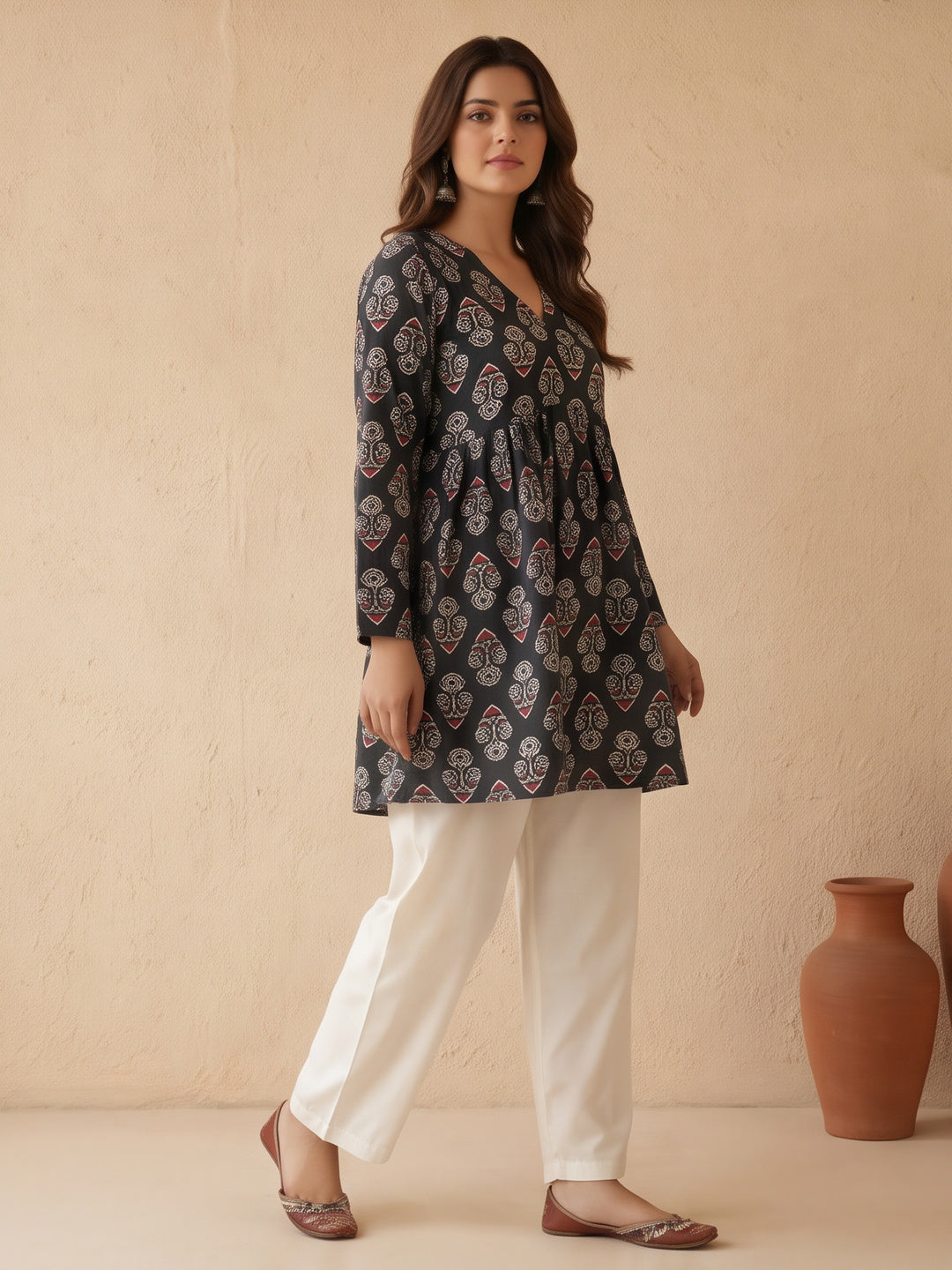 Women Printed V-Neck Fancy Tunic Top with Full Sleeves