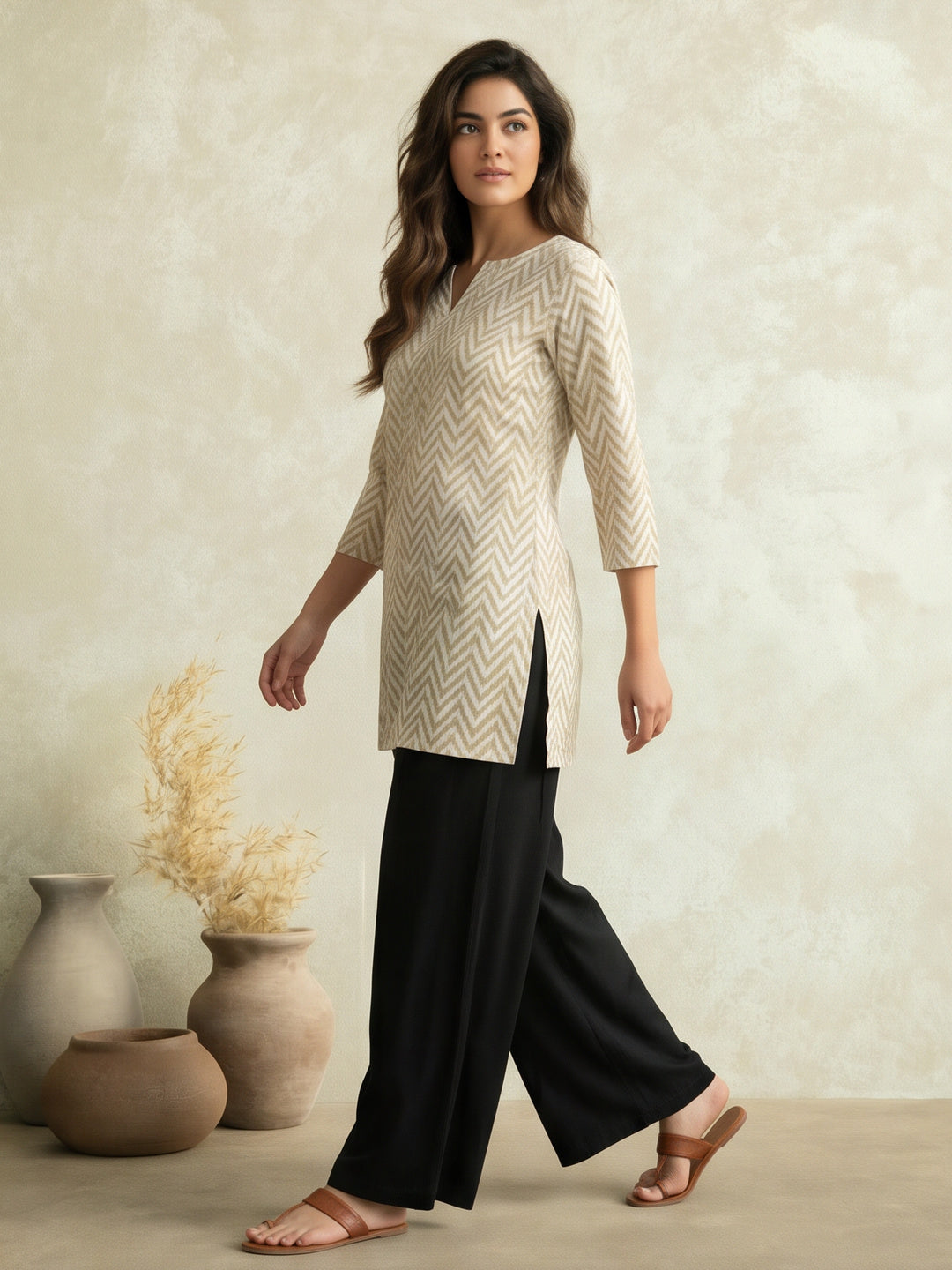 Women Printed Round Neck Fancy Tunic Top with Full Sleeves