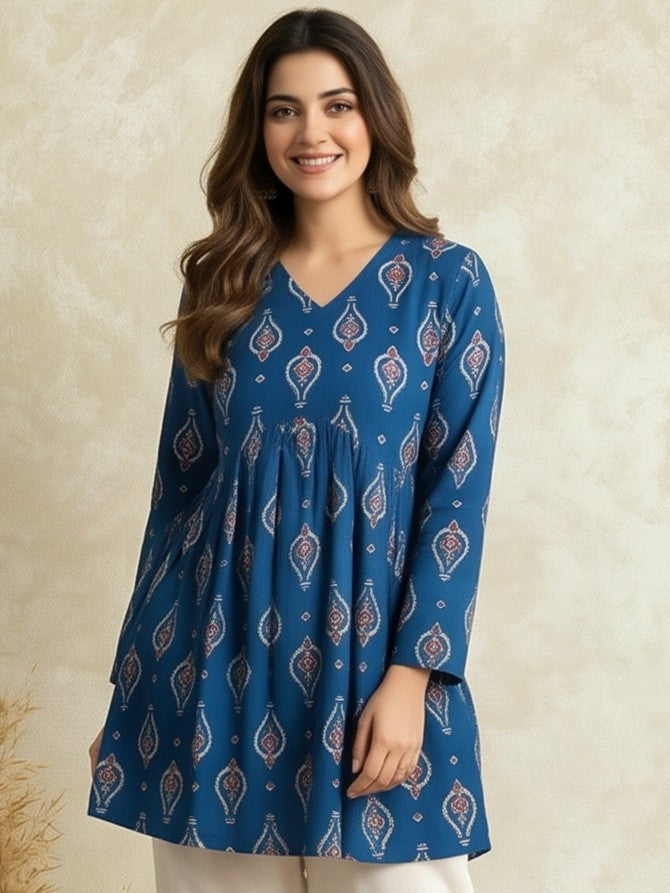 Women Printed V-Neck Fancy Tunic Top with Full Sleeves