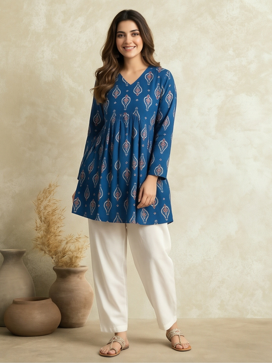 Women Printed V-Neck Fancy Tunic Top with Full Sleeves