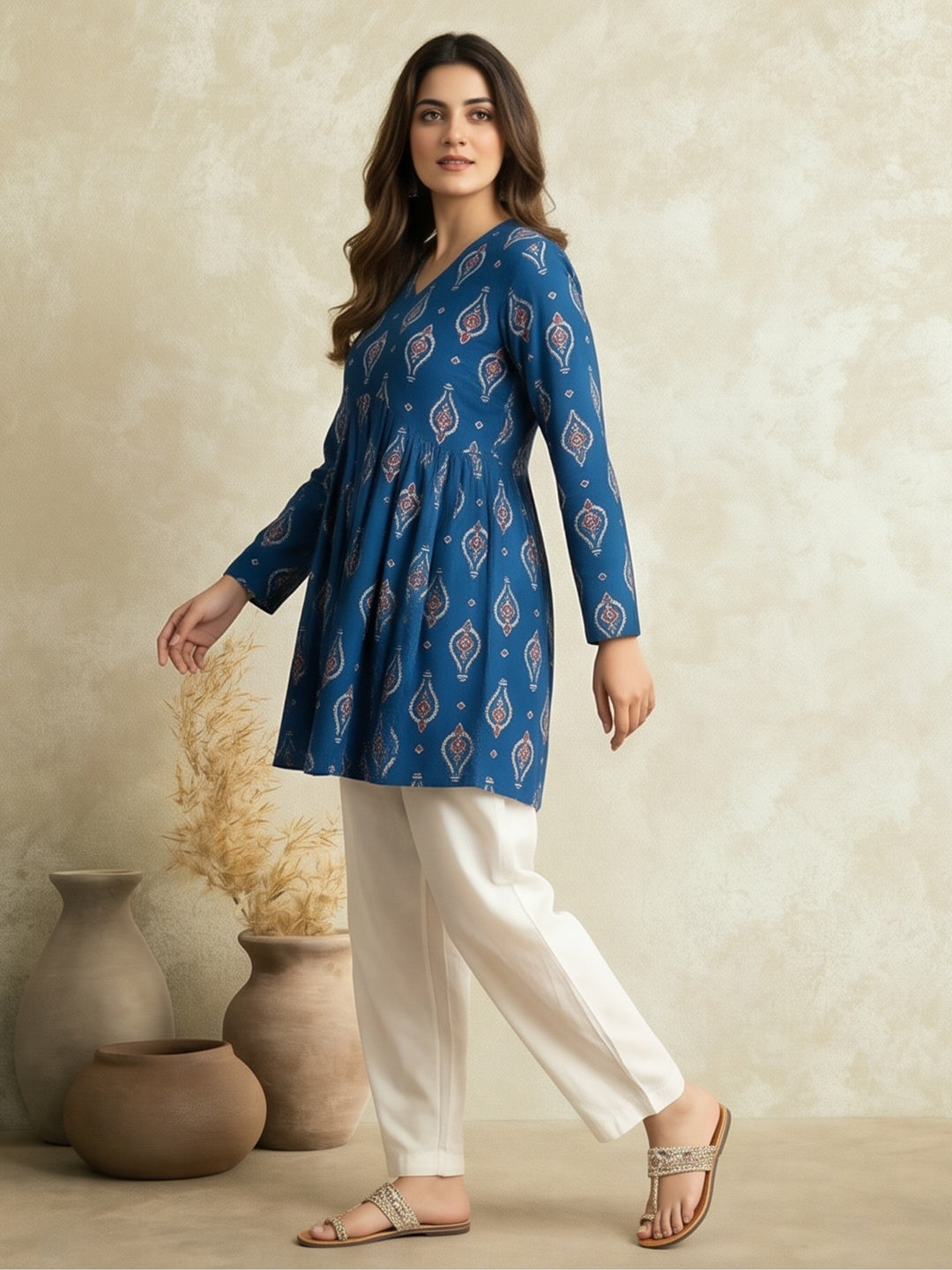 Women Printed V-Neck Fancy Tunic Top with Full Sleeves