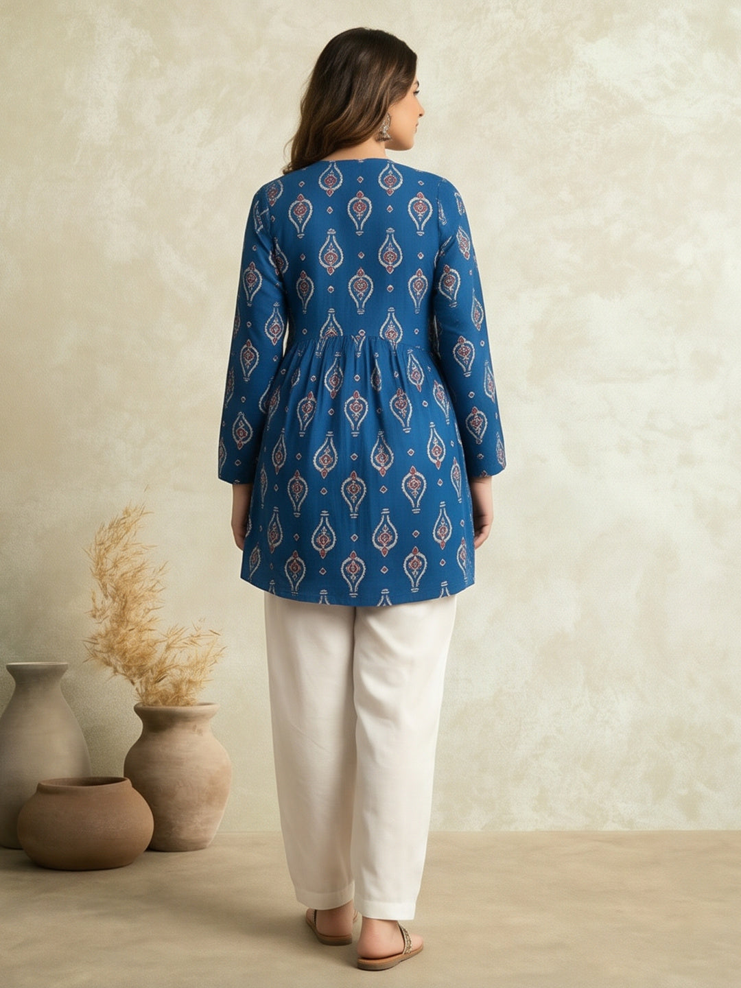 Women Printed V-Neck Fancy Tunic Top with Full Sleeves