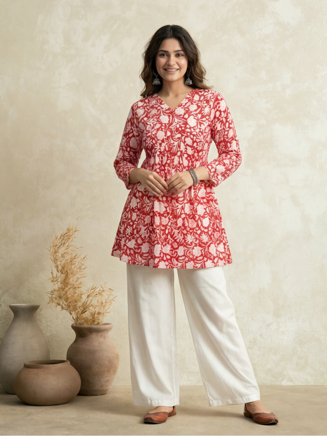 Women Printed V-Neck Fancy Tunic Top with Full Sleeves
