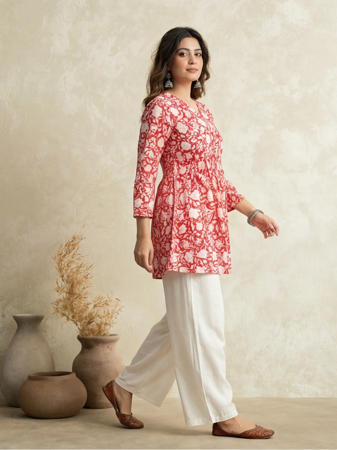 Women Printed V-Neck Fancy Tunic Top with Full Sleeves