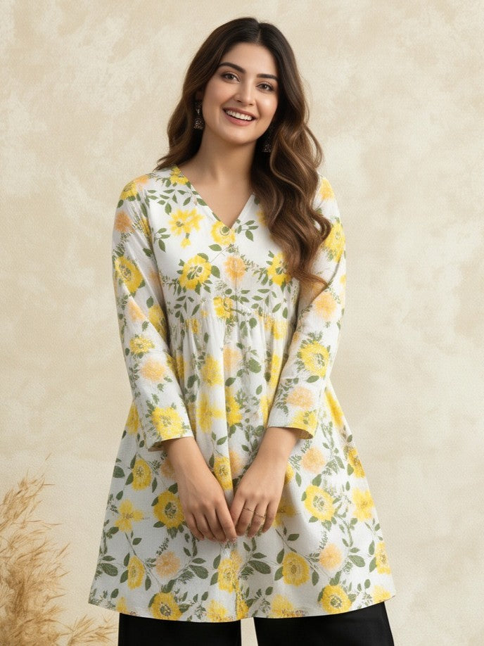 Women Printed V-Neck Fancy Tunic Top with Full Sleeves