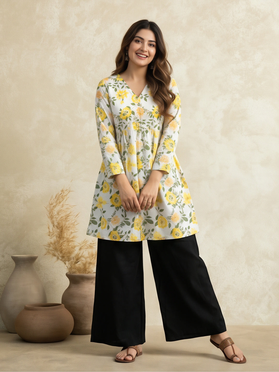 Women Printed V-Neck Fancy Tunic Top with Full Sleeves