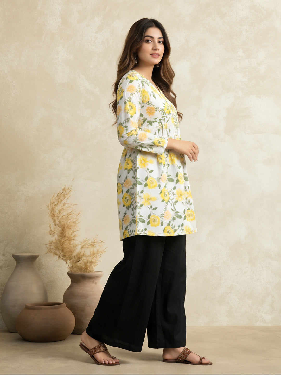Women Printed V-Neck Fancy Tunic Top with Full Sleeves