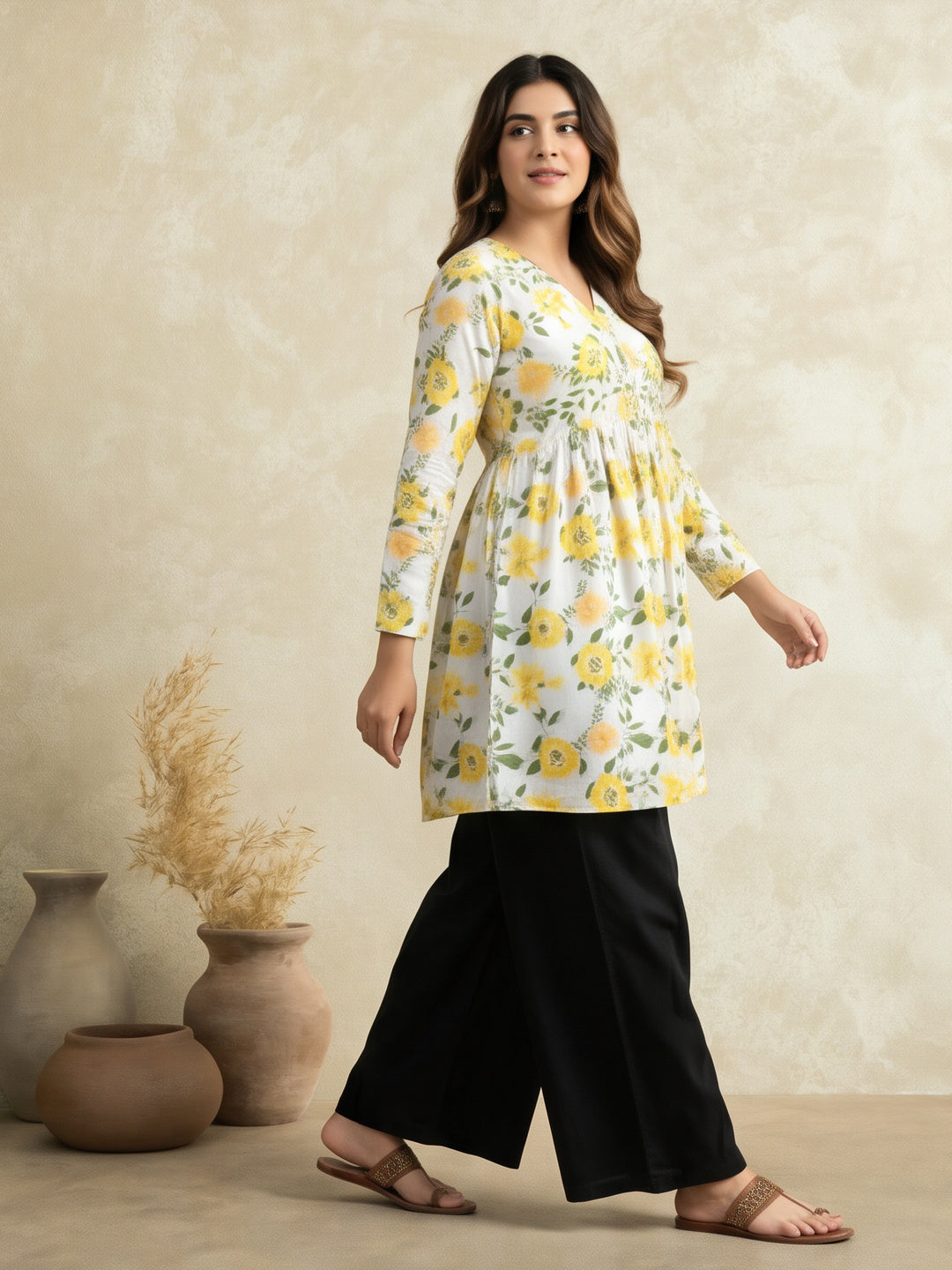 Women Printed V-Neck Fancy Tunic Top with Full Sleeves