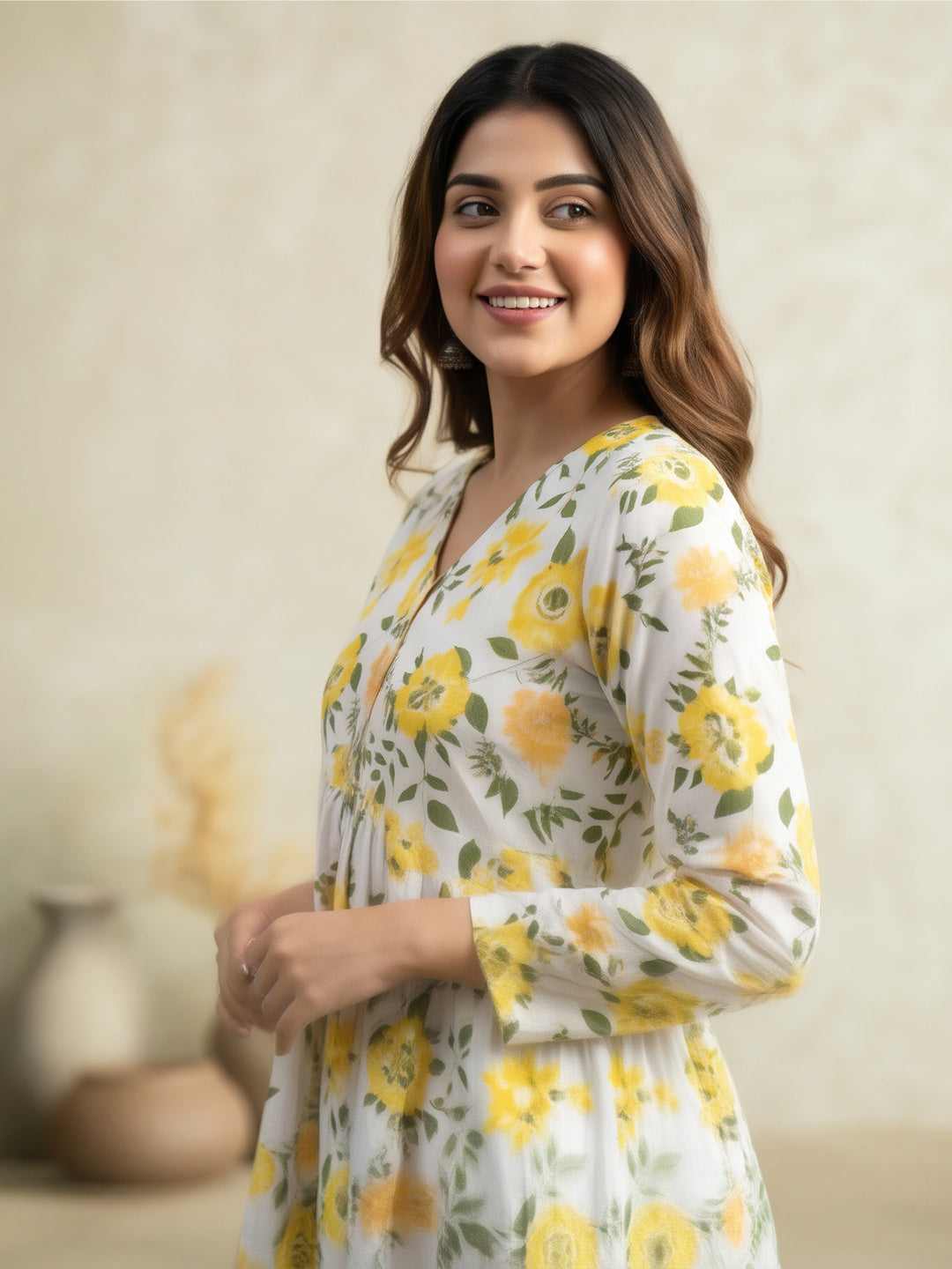 Women Printed V-Neck Fancy Tunic Top with Full Sleeves