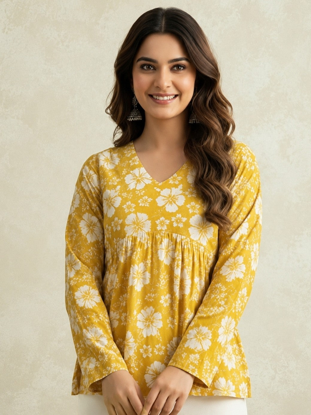 Women Printed V-Neck Fancy Tunic Top with Full Sleeves