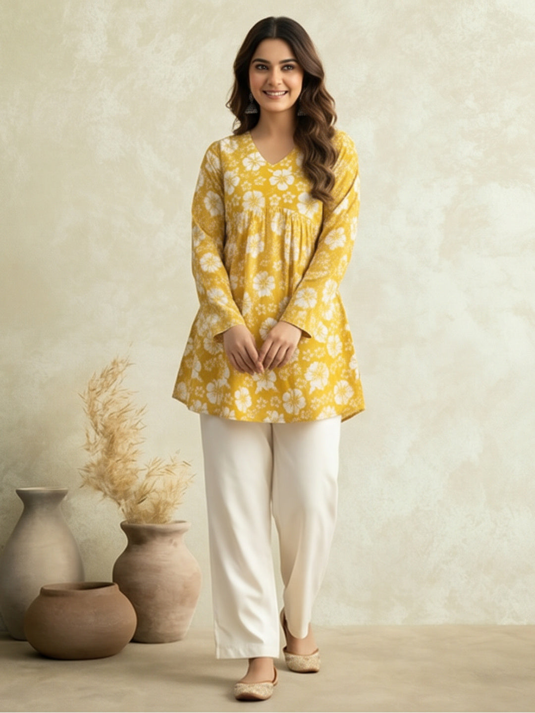 Women Printed V-Neck Fancy Tunic Top with Full Sleeves