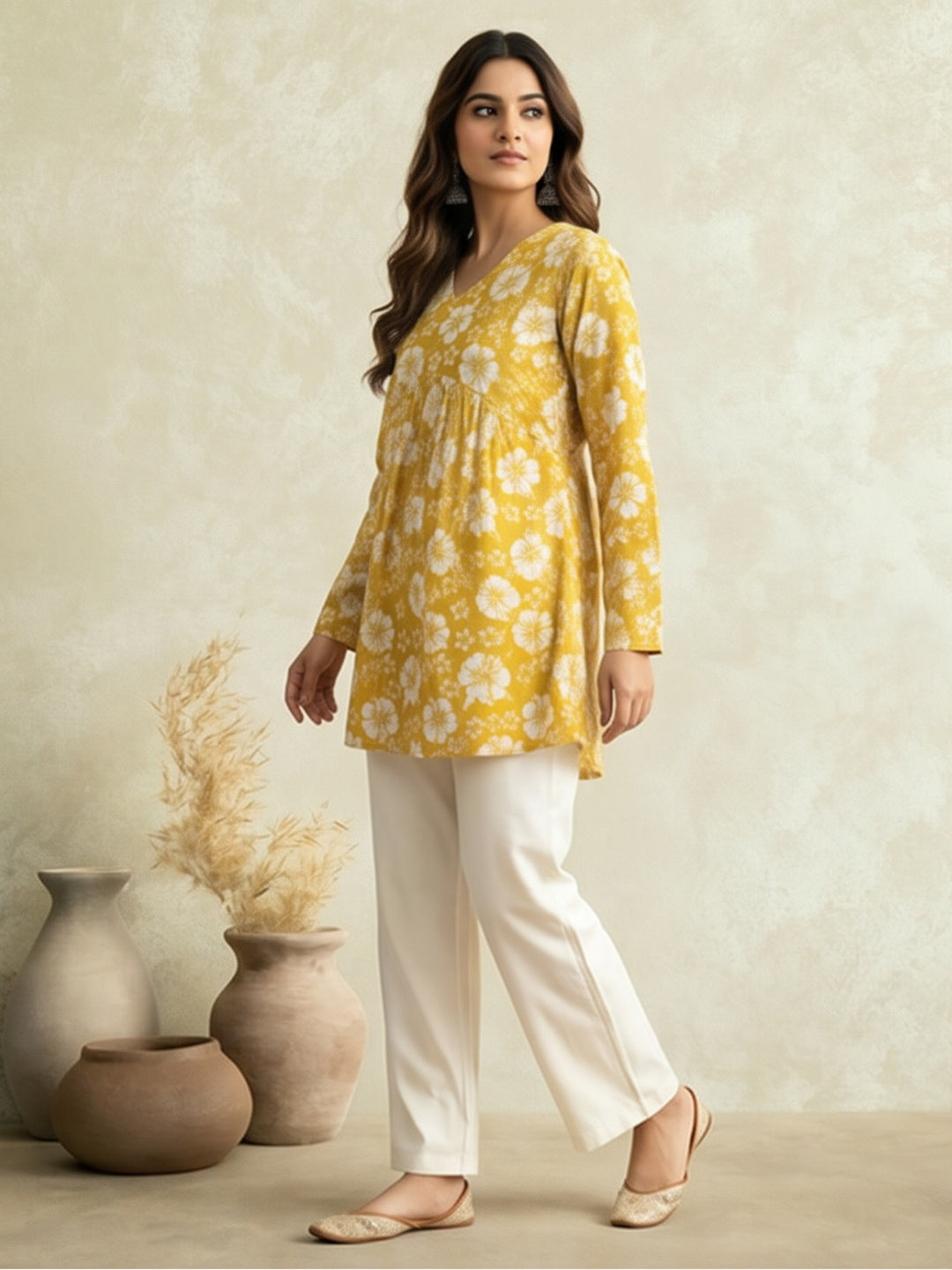 Women Printed V-Neck Fancy Tunic Top with Full Sleeves