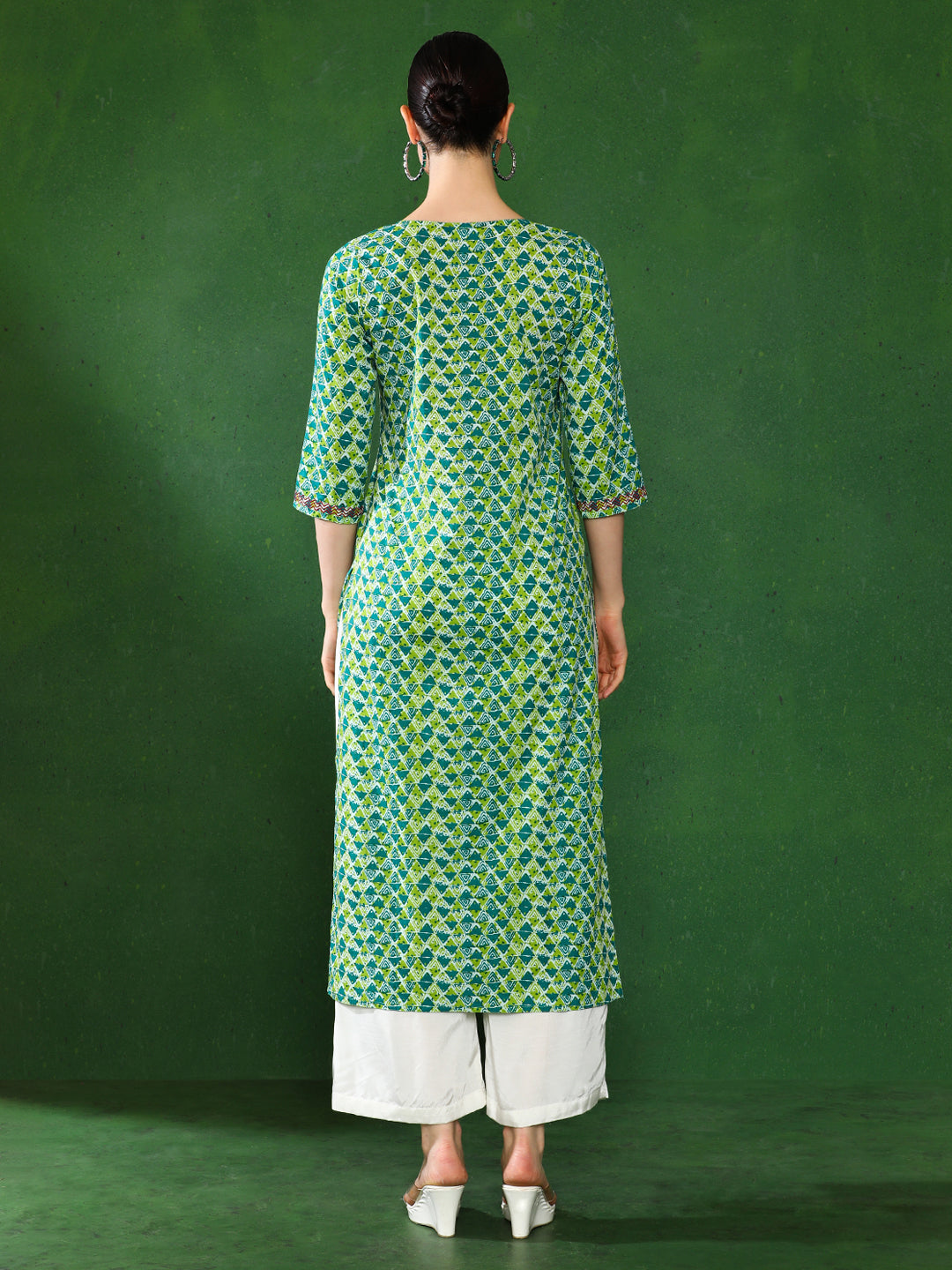 Green & Blue Geometric Print Straight Cotton Kurta