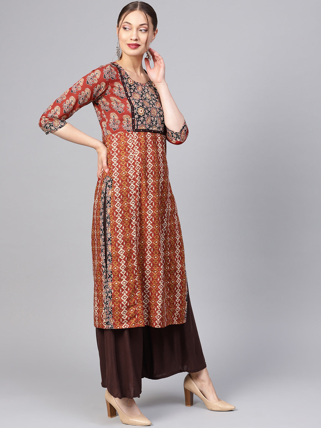 Brown And Beige Ethnic Motifs Straight Cotton Kurta