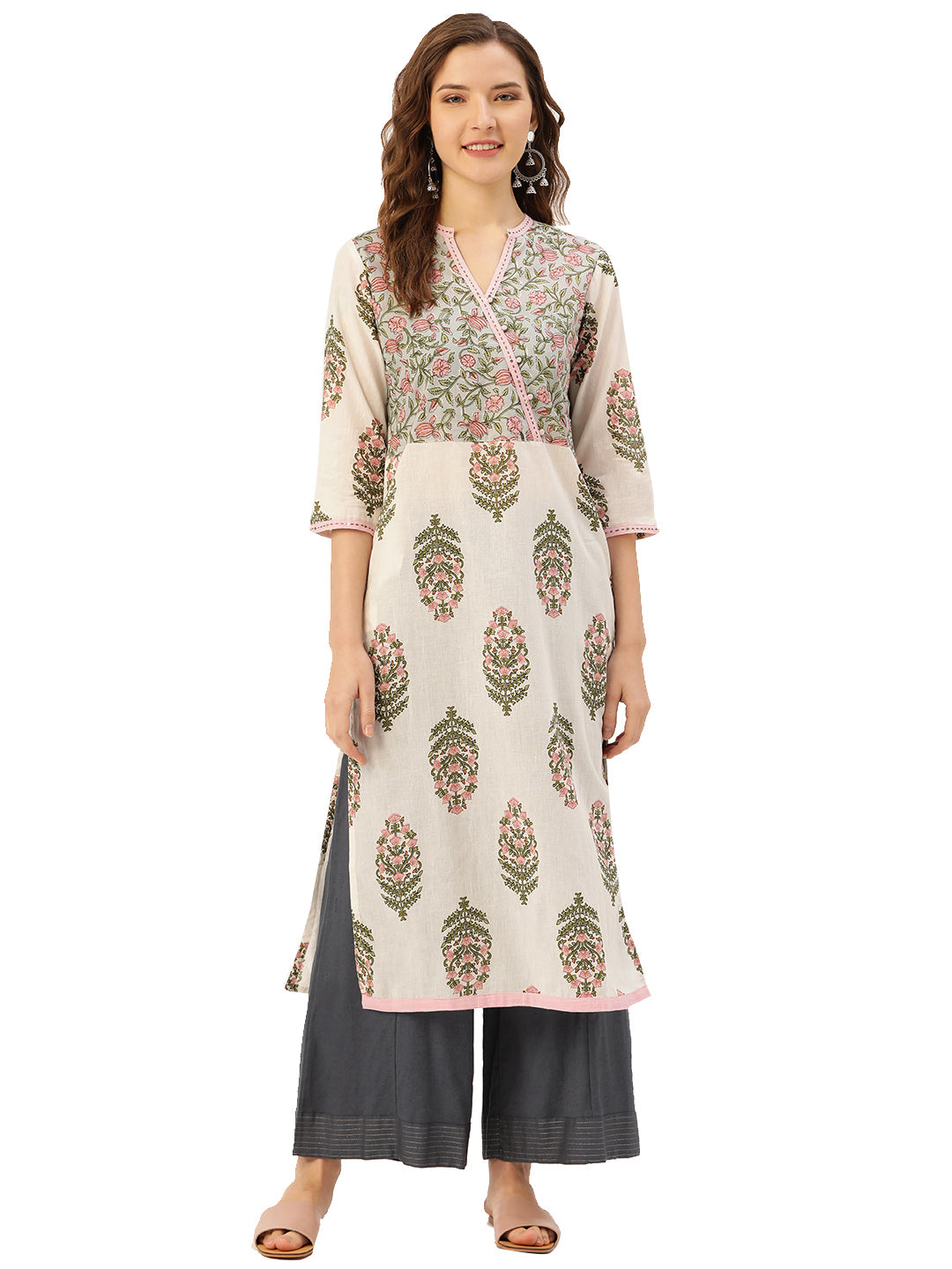 Off White Printed Straight Kurta