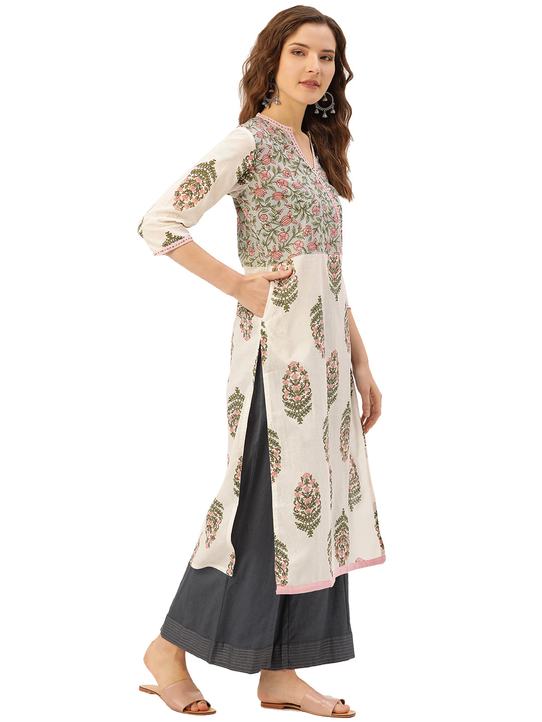 Off White Printed Straight Kurta