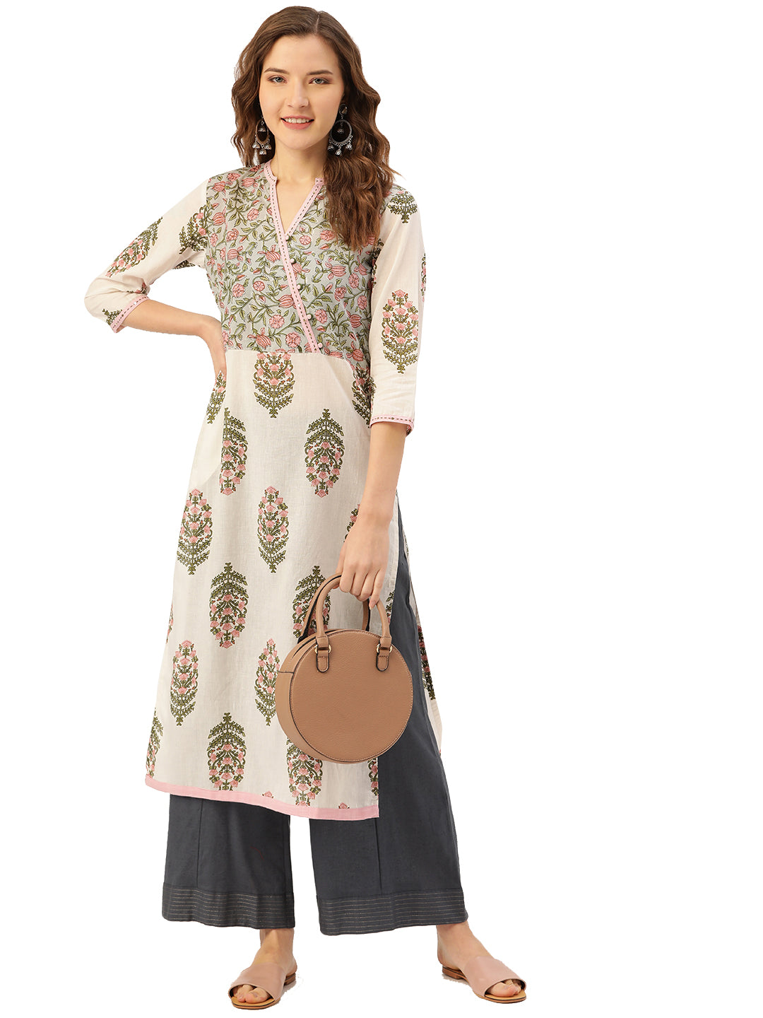 Off White Printed Straight Kurta