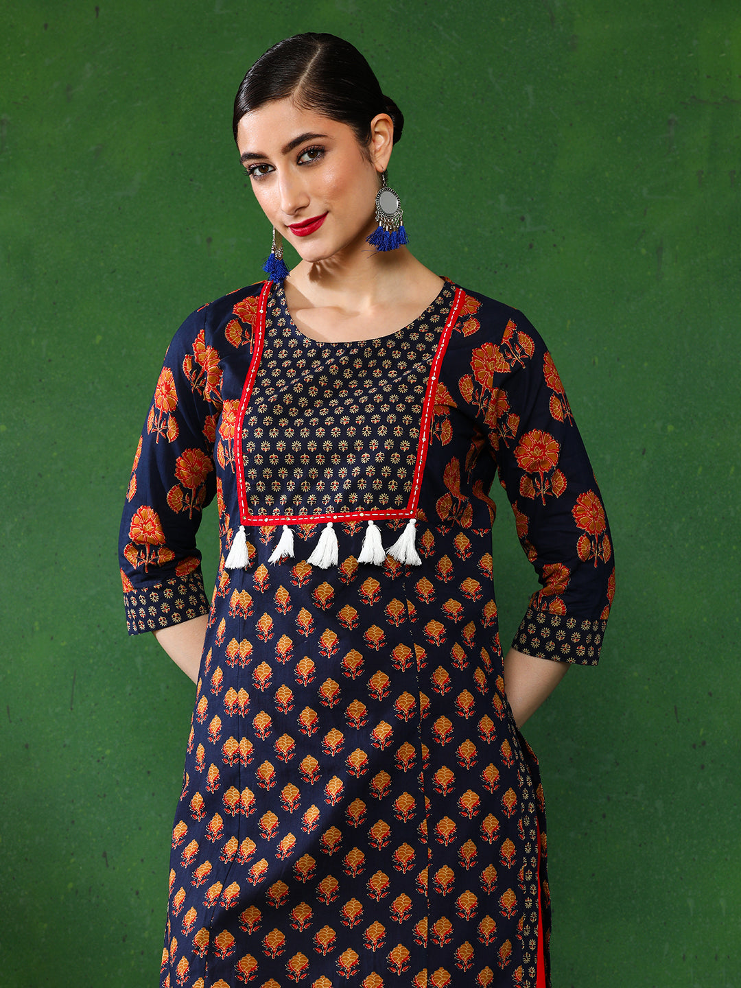 Navy Blue Ethnic Print Straight Cotton Kurtas